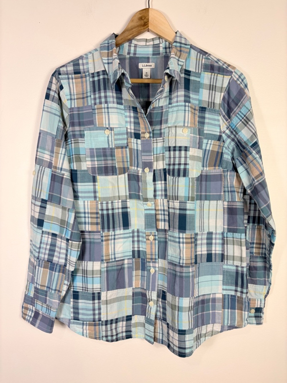 L.L. Bean Women Madras Patchwork Plaid Button-Down Shirt Blue Preppy Coastal